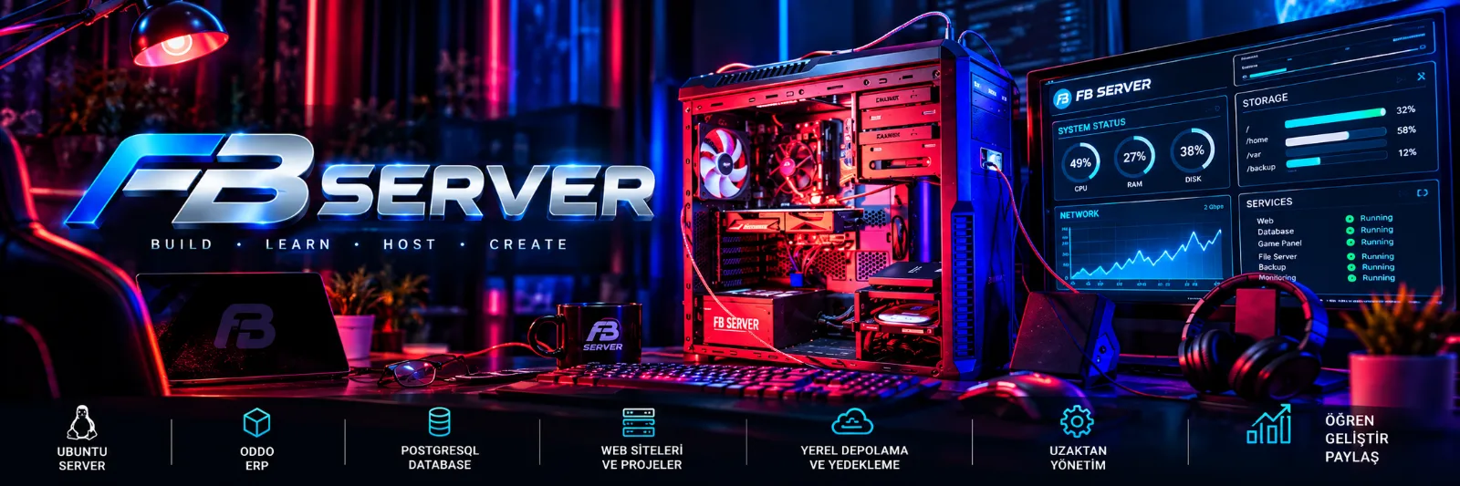 FB Server — eski bir bilgisayarı yapay zekâ ekibinin yönettiği bir sunucuya çeviren proje: Ubuntu Server, Odoo ERP, PostgreSQL, web siteleri, yerel yedekleme ve uzaktan yönetim