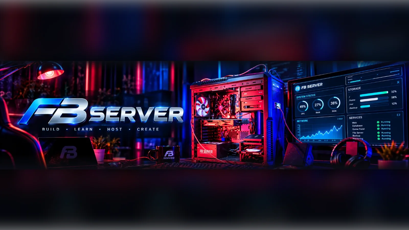 FB Server kapak görseli: kırmızı-mavi ışıklı sunucu kasası, sunucu paneli ekranı ve FB Server logosu